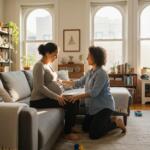 Doula gently supporting a pregnant family in a sunlit Chicago living room