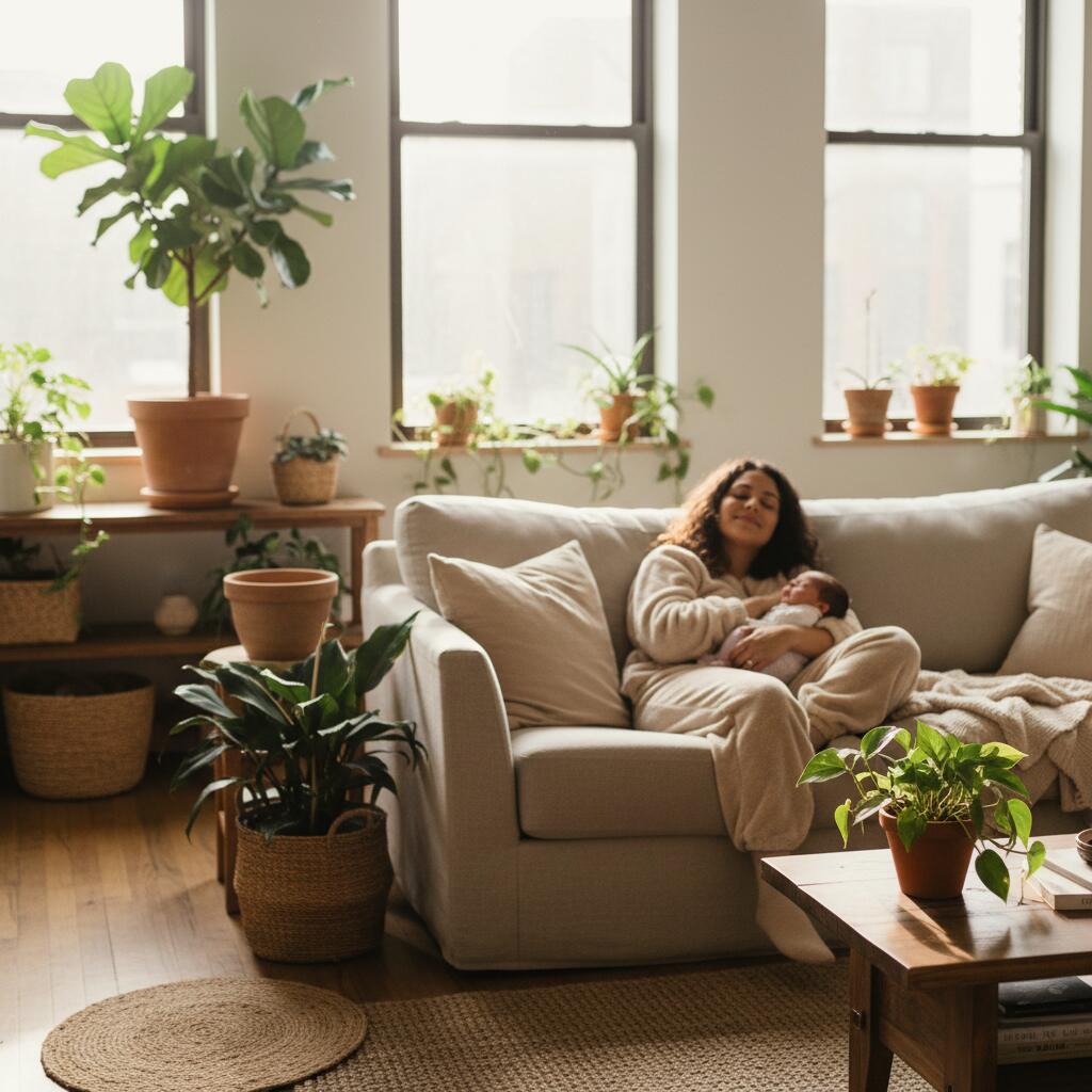 New mother resting on couch in sunlit Chicago apartment with newborn baby