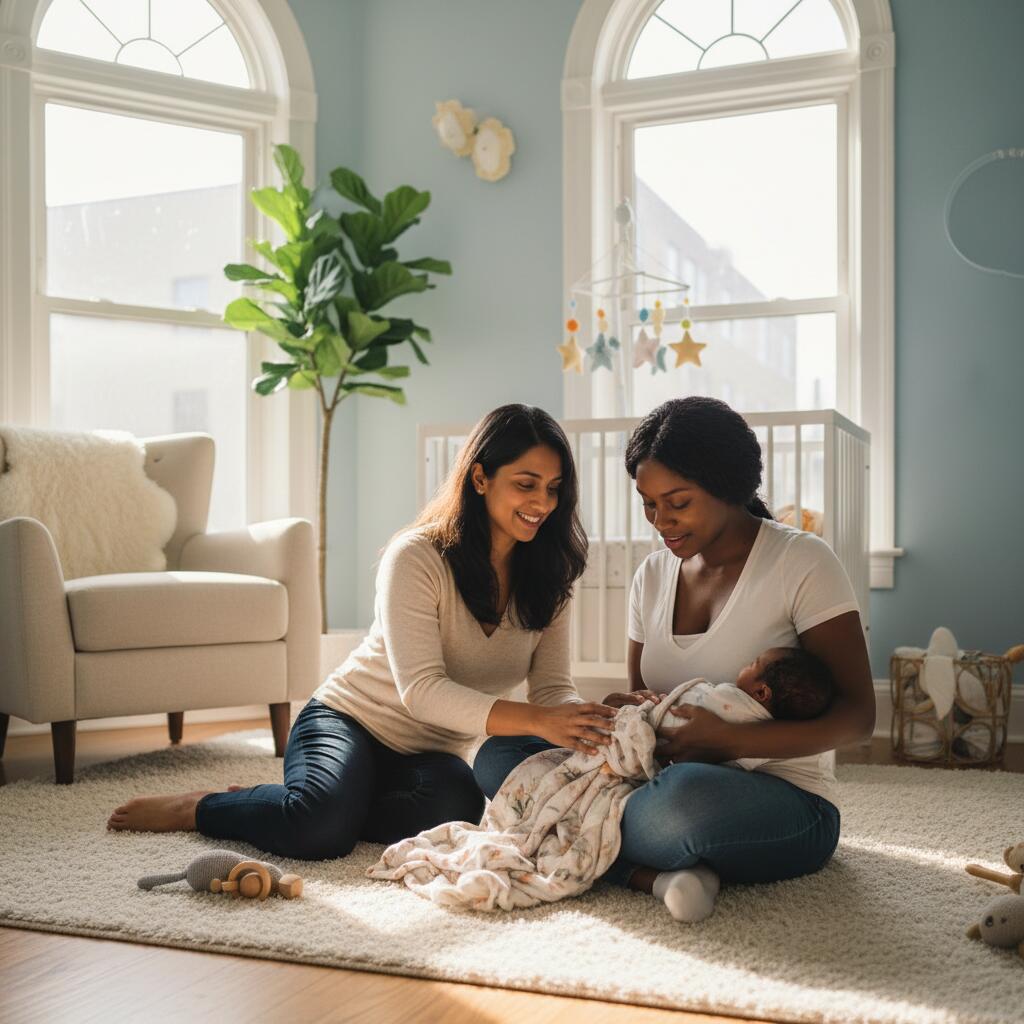 Postnatal doula gently teaching a new mother how to swaddle her newborn
