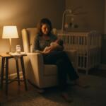 Overnight doula calmly rocking a newborn in a softly-lit Chicago nursery
