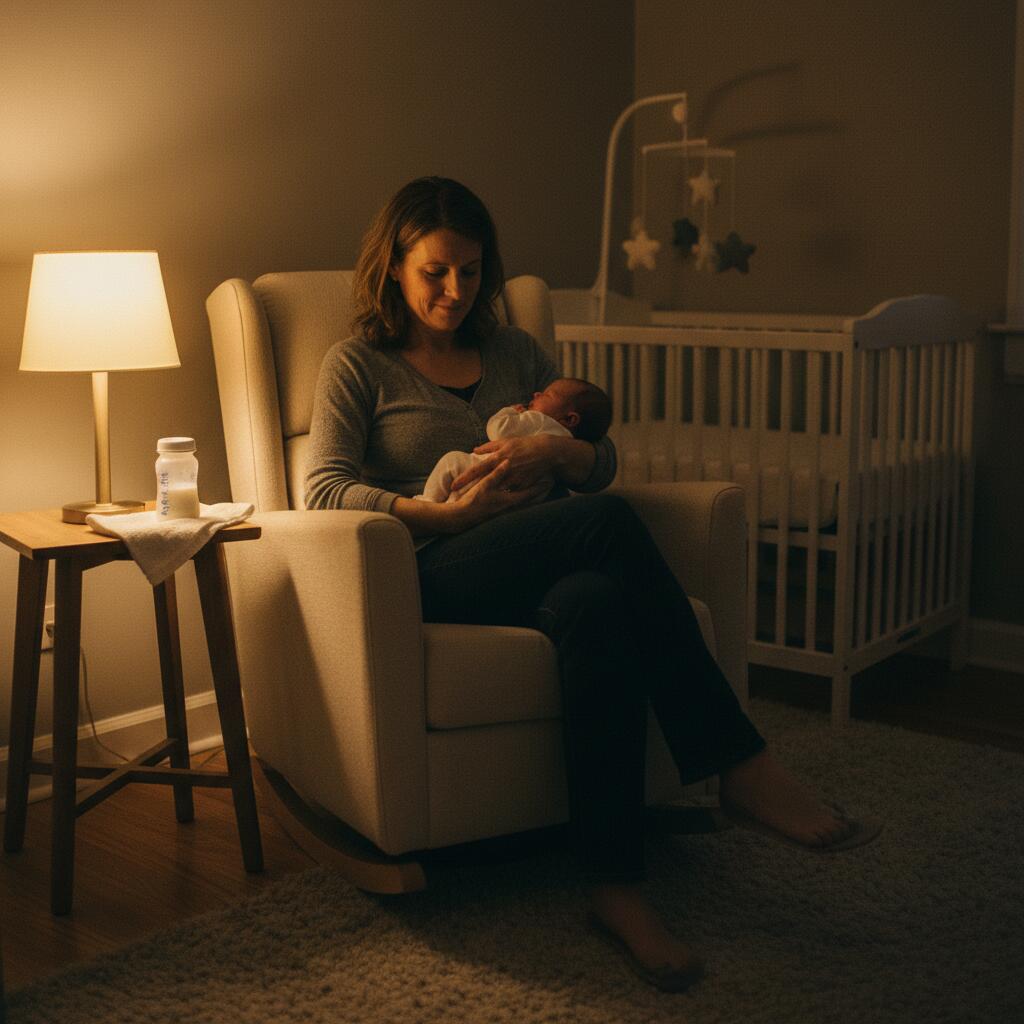 Overnight doula calmly rocking a newborn in a softly-lit Chicago nursery
