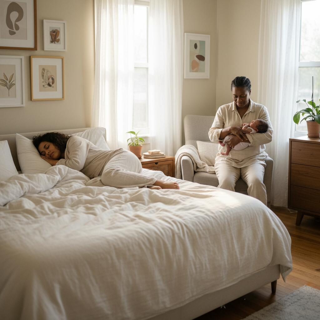 New mother sleeping peacefully while postpartum doula holds her newborn