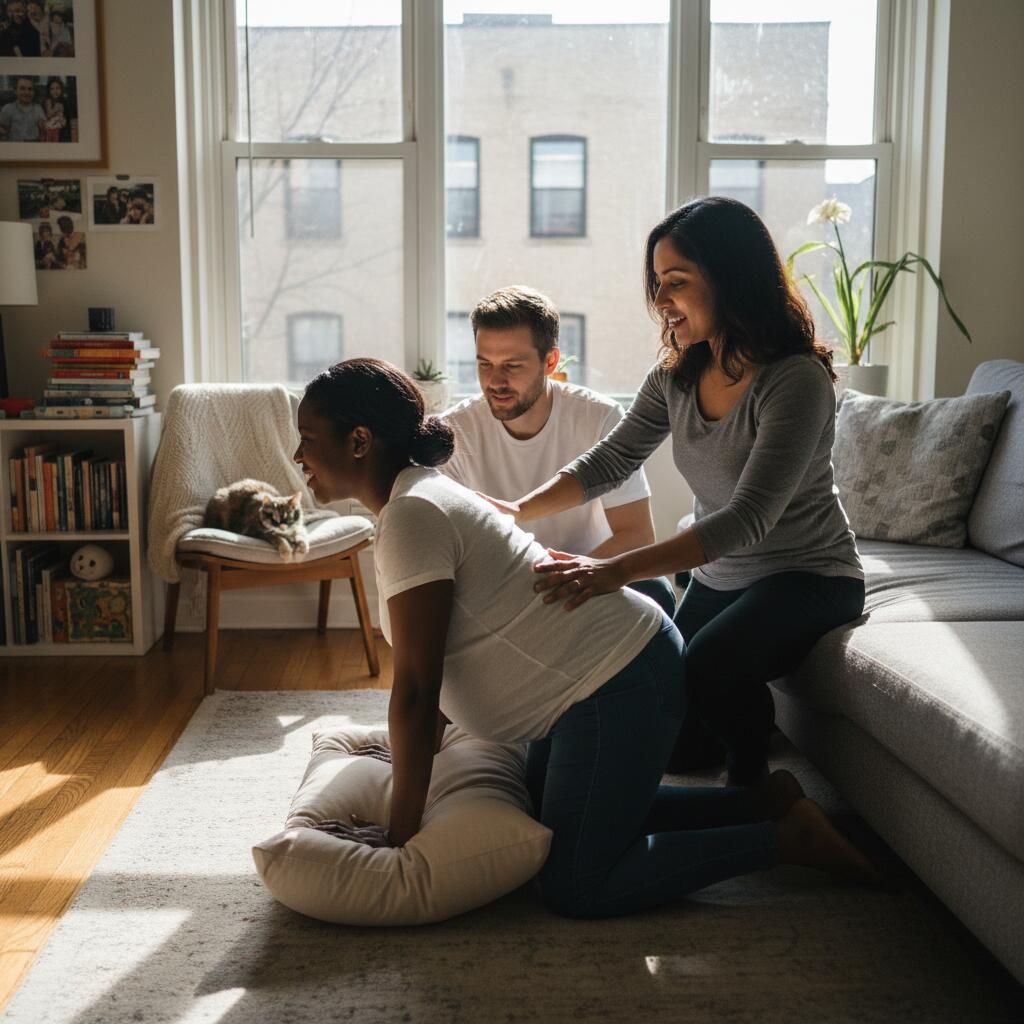 Doula gently supporting a pregnant Chicago family member in a sunlit living room