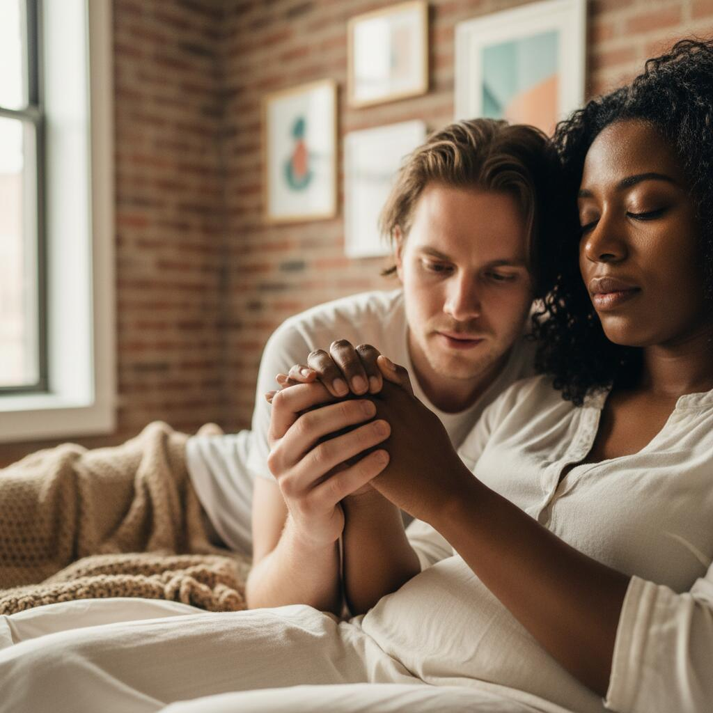 Doula gently supporting a pregnant Chicago family member in a sunlit living room
