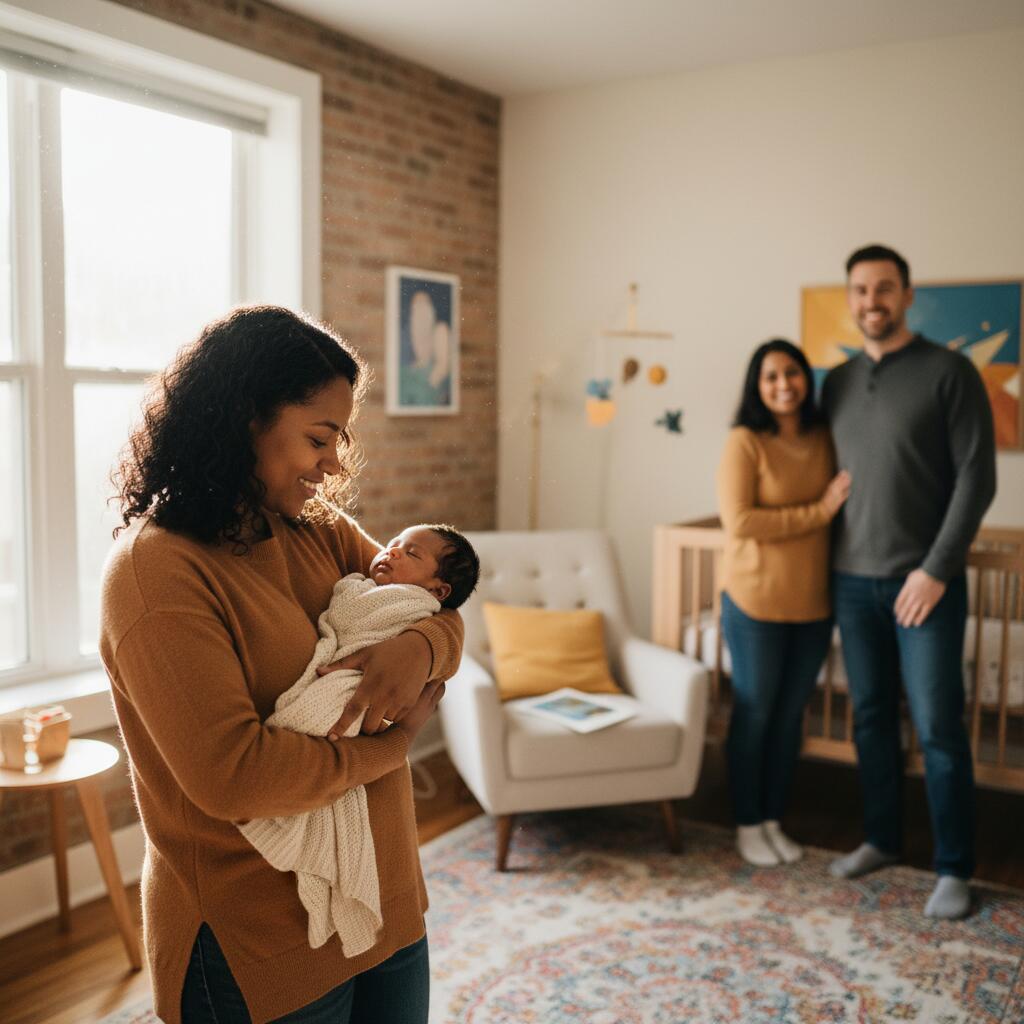 New mother resting on couch in sunlit Chicago apartment with newborn baby