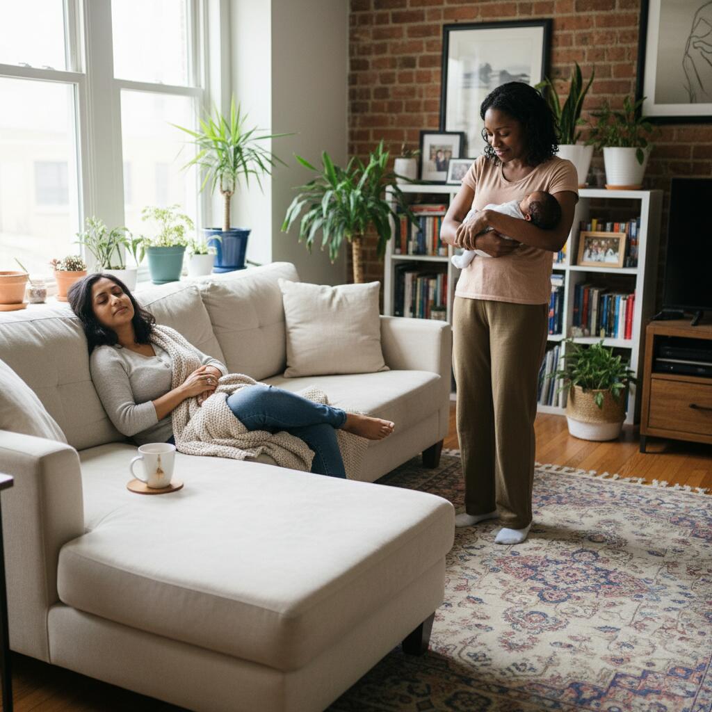 New mother resting on couch in sunlit Chicago apartment with newborn baby