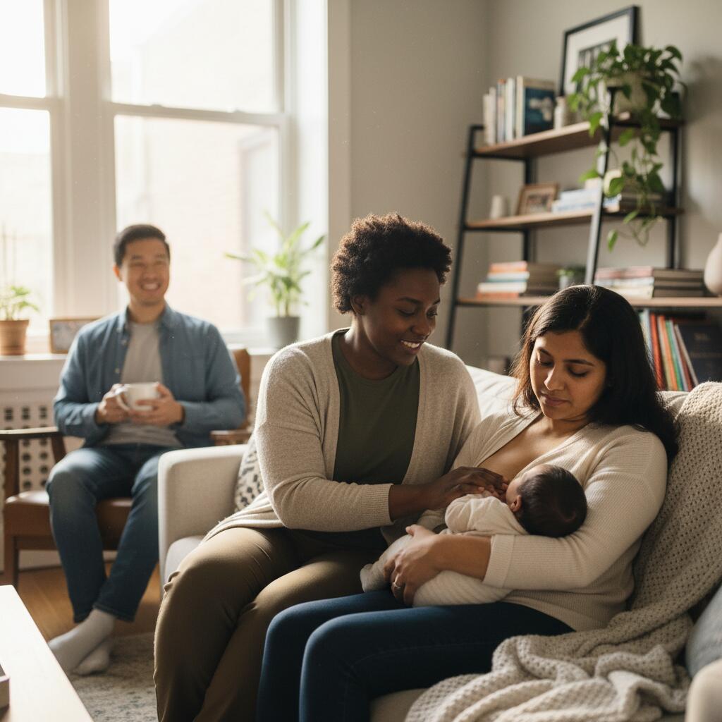 Postnatal doula gently teaching a new mother how to swaddle her newborn