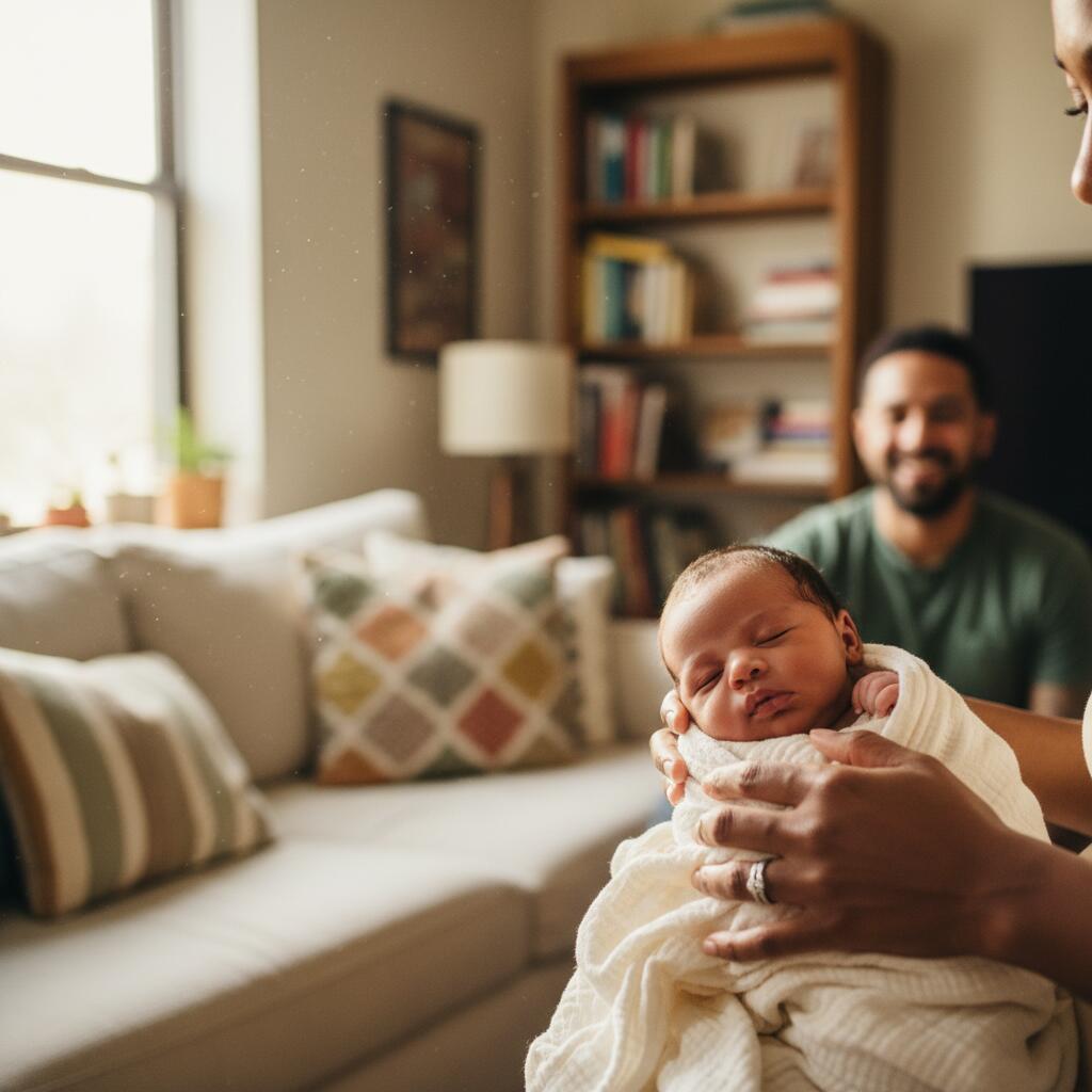Postnatal doula gently teaching a new mother how to swaddle her newborn