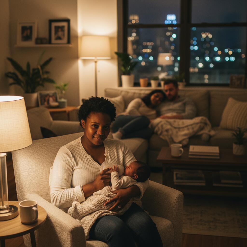 Overnight doula calmly rocking a newborn in a softly-lit Chicago nursery