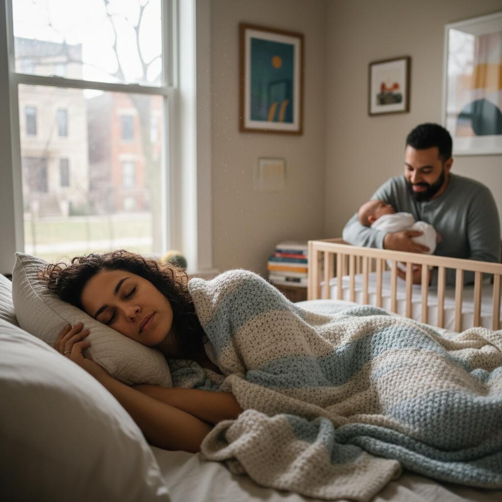 Overnight doula calmly rocking a newborn in a softly-lit Chicago nursery