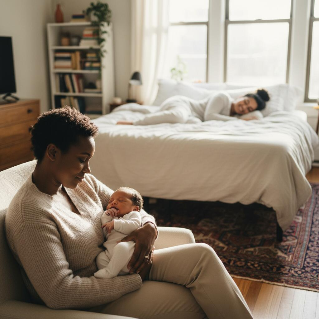 New mother sleeping peacefully while postpartum doula holds her newborn