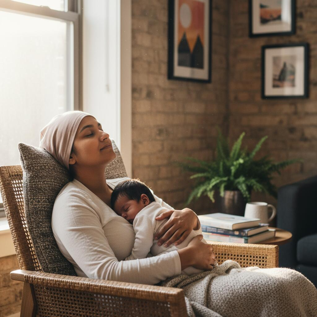 New mother sleeping peacefully while postpartum doula holds her newborn