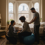 Birth doula providing continuous labor support to expectant mother in Chicago hospital room with partner present