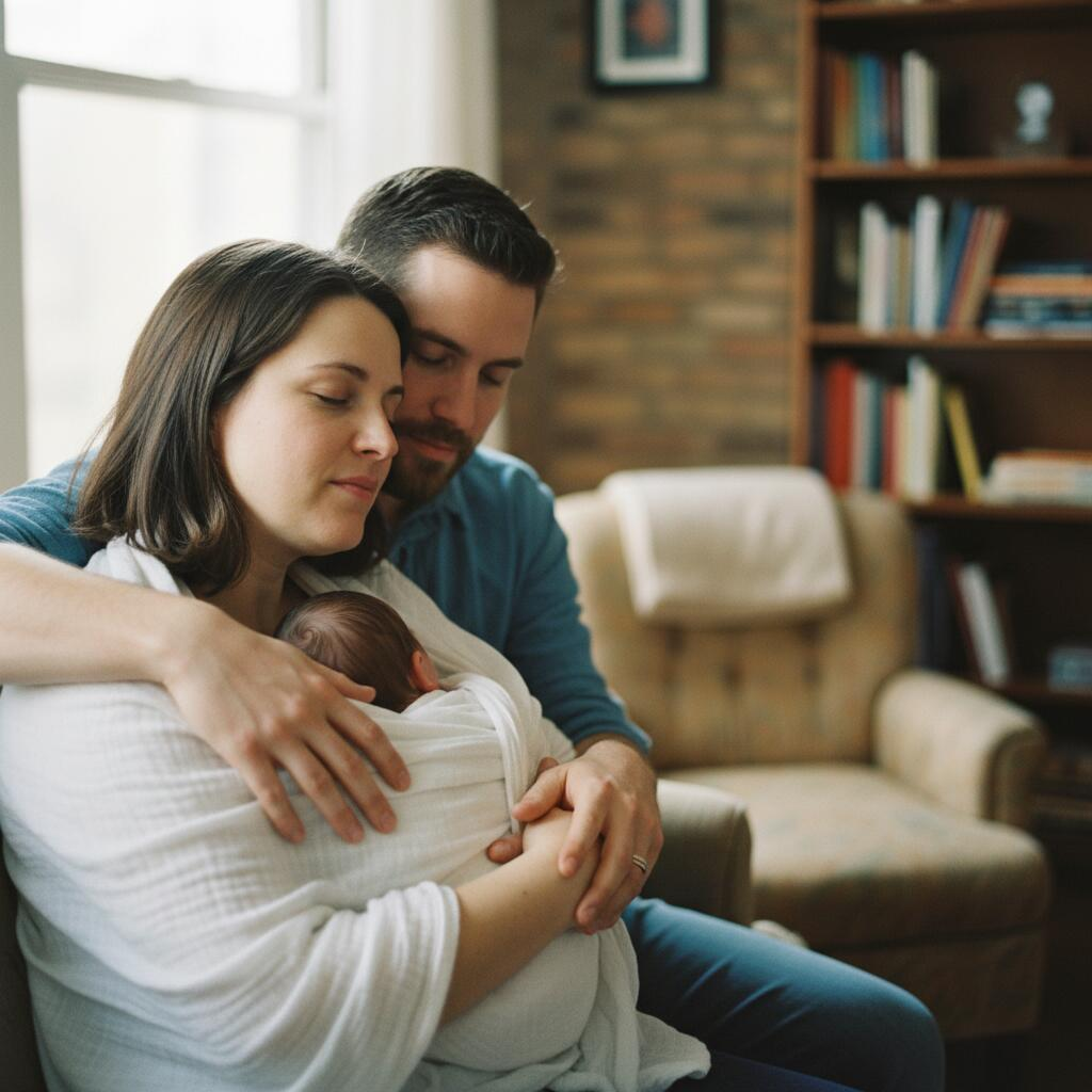 Birth doula providing continuous labor support to expectant mother in Chicago hospital room with partner present