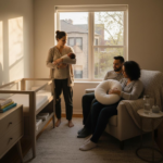 Postpartum doula gently holding swaddled newborn while supporting Chicago parents in softly-lit apartment bedroom