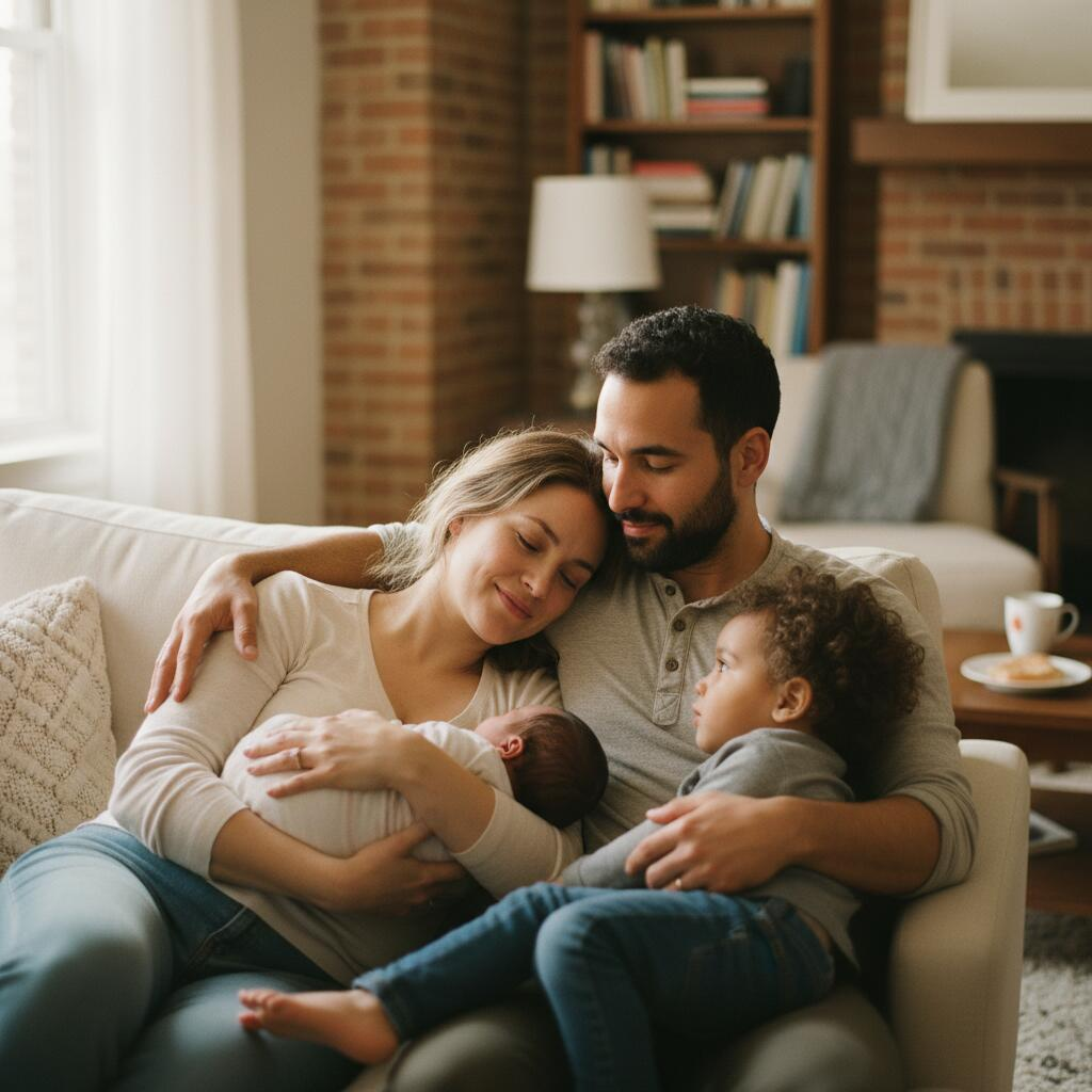 Postpartum doula gently holding swaddled newborn while supporting Chicago parents in softly-lit apartment bedroom