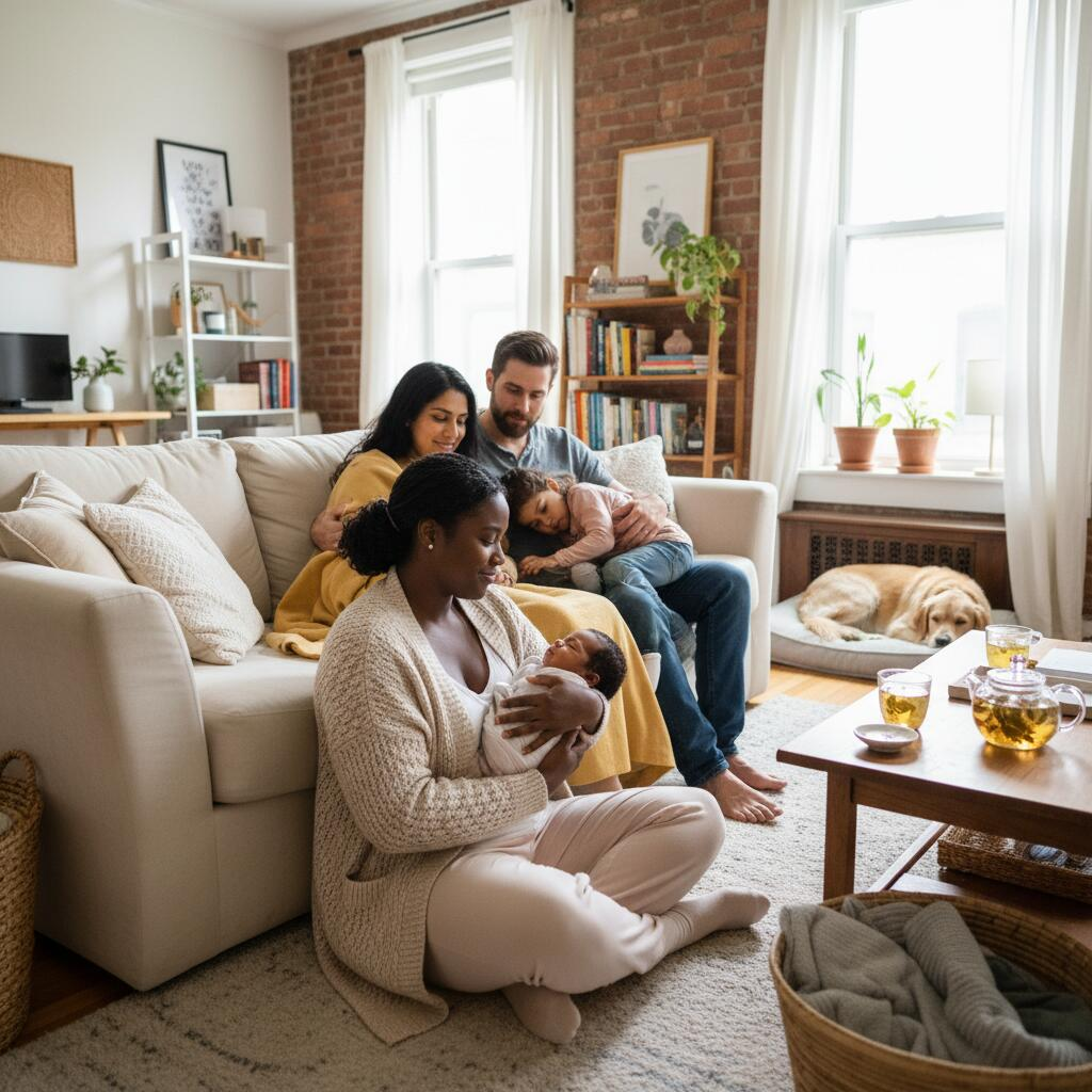 Postpartum doula gently holding swaddled newborn while supporting Chicago parents in softly-lit apartment bedroom