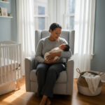 Professional doula holding swaddled newborn in Chicago apartment nursery with natural morning light