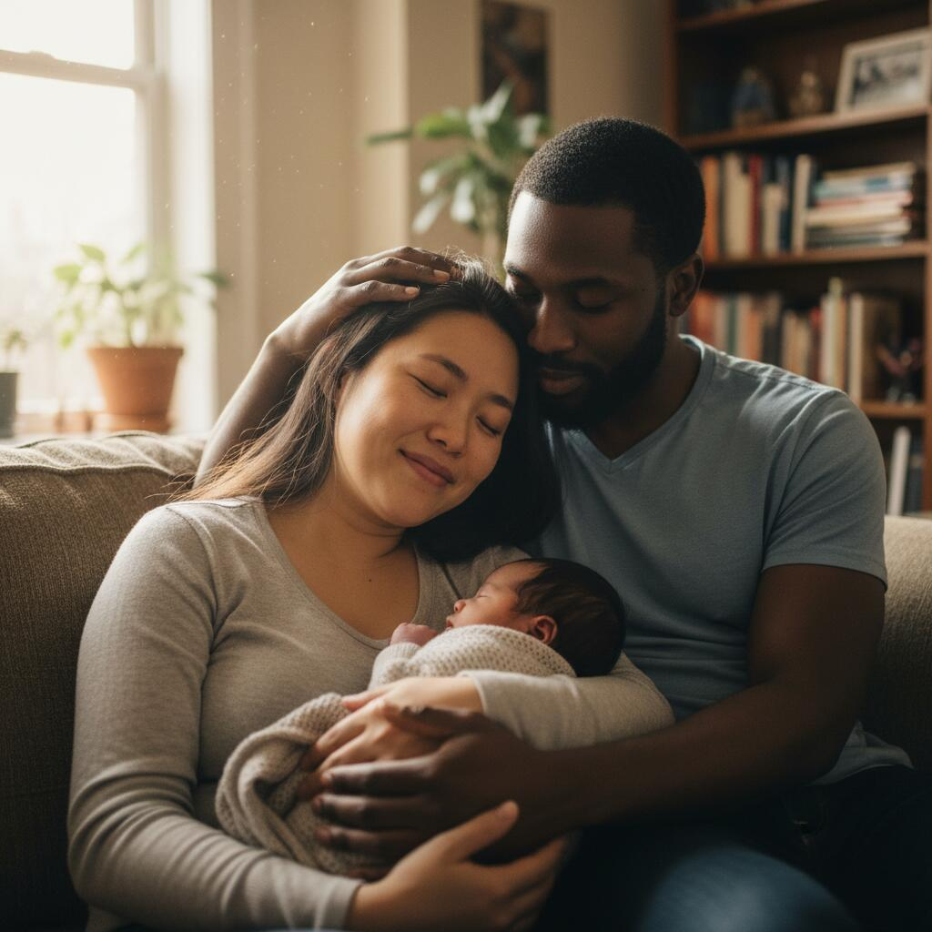 Professional doula holding swaddled newborn in Chicago apartment nursery with natural morning light