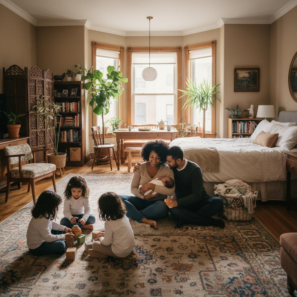 Professional doula holding swaddled newborn in Chicago apartment nursery with natural morning light