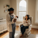 Newborn care specialist holding swaddled baby in a bright Chicago nursery while rested mother looks on