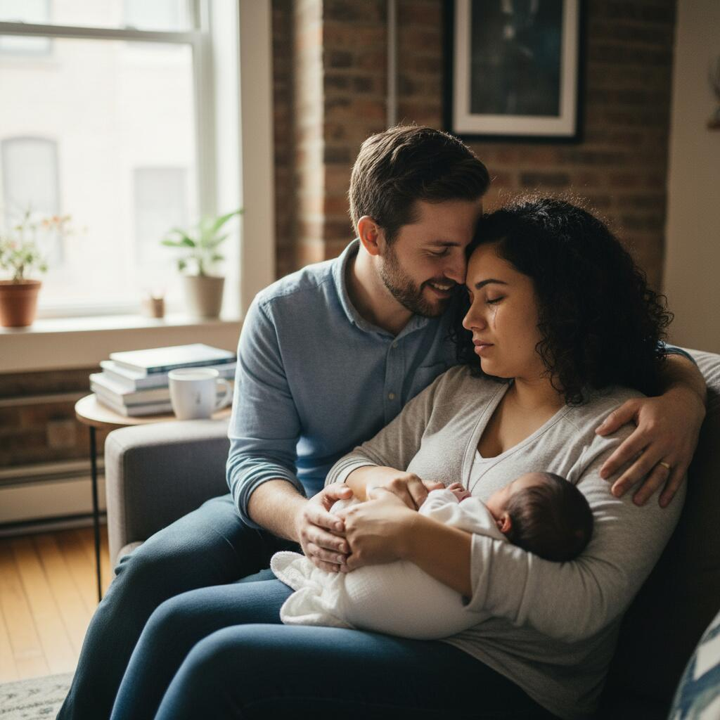 Newborn care specialist holding swaddled baby in a bright Chicago nursery while rested mother looks on