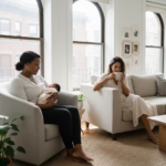 Postpartum doula holding newborn baby while mother rests in Chicago apartment