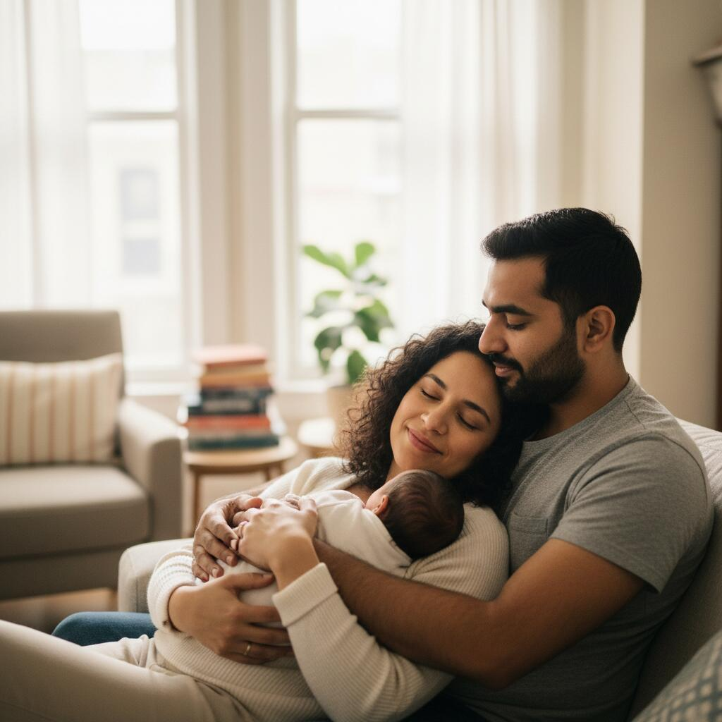 Postpartum doula holding newborn baby while mother rests in Chicago apartment
