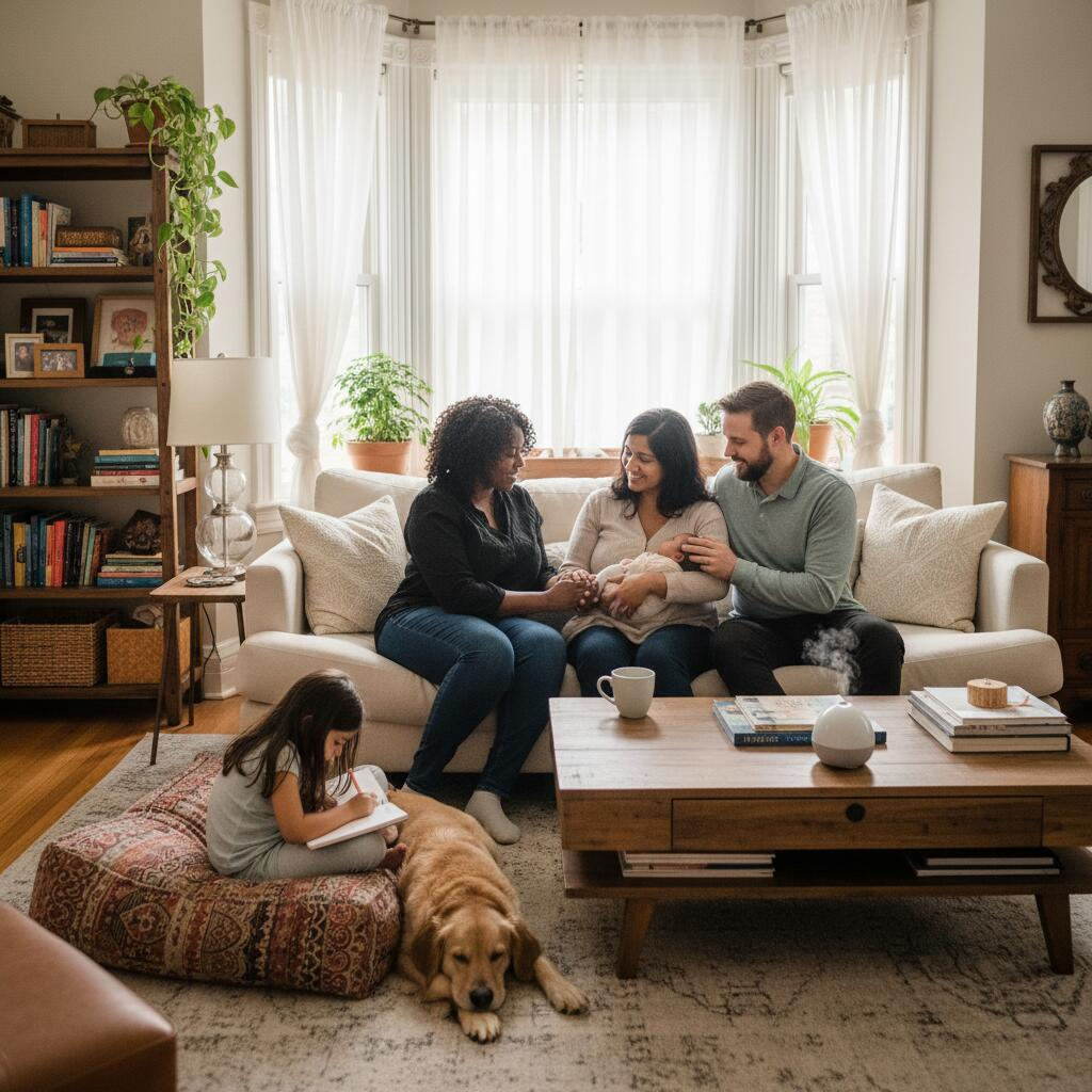 Postpartum doula holding newborn baby while mother rests in Chicago apartment