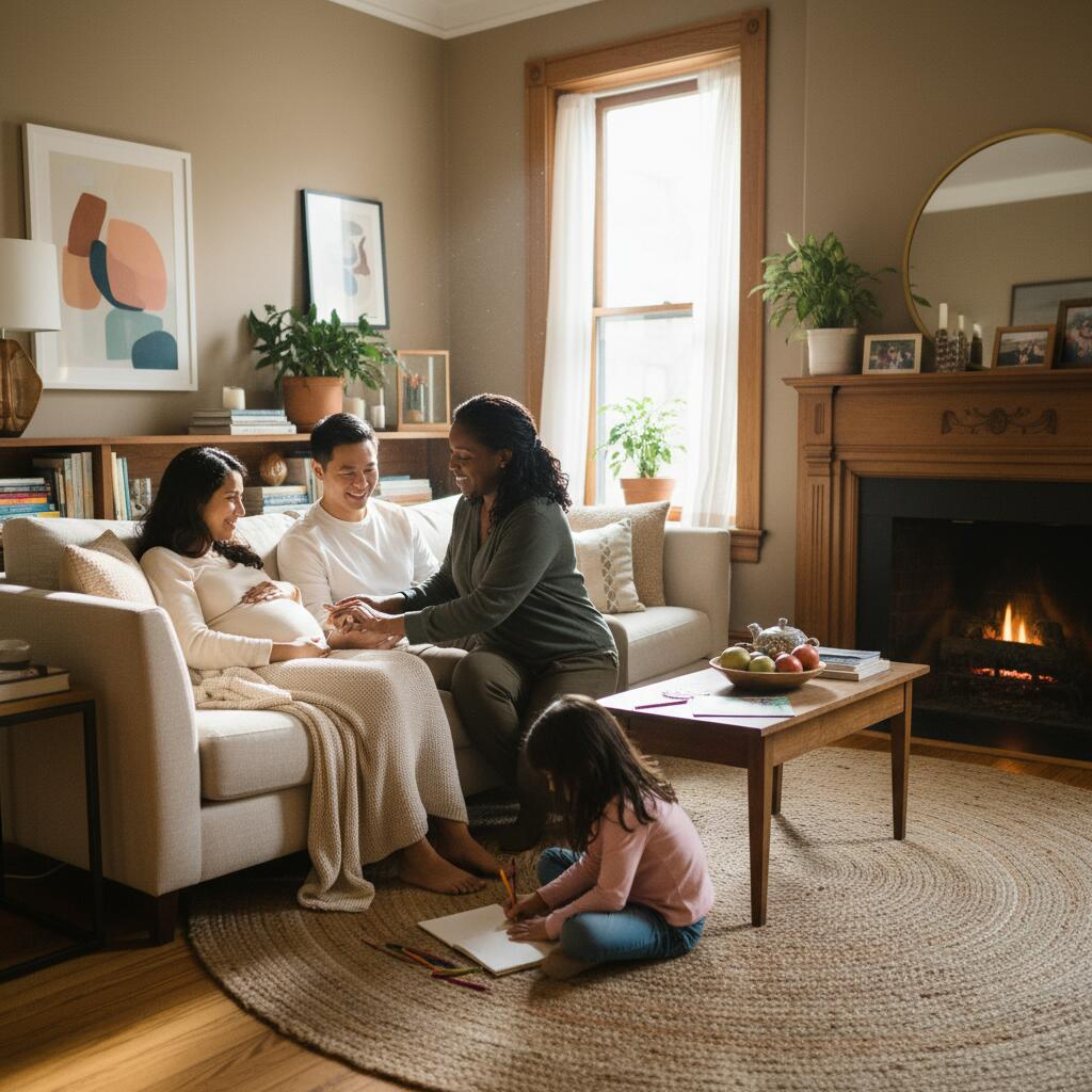 Pregnant woman meeting with professional doula in Chicago apartment to discuss birth plan and hospital support