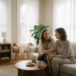 Postpartum doula having an honest conversation with a new mother in a bright Chicago apartment