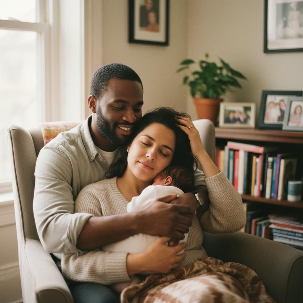 Postpartum doula having an honest conversation with a new mother in a bright Chicago apartment