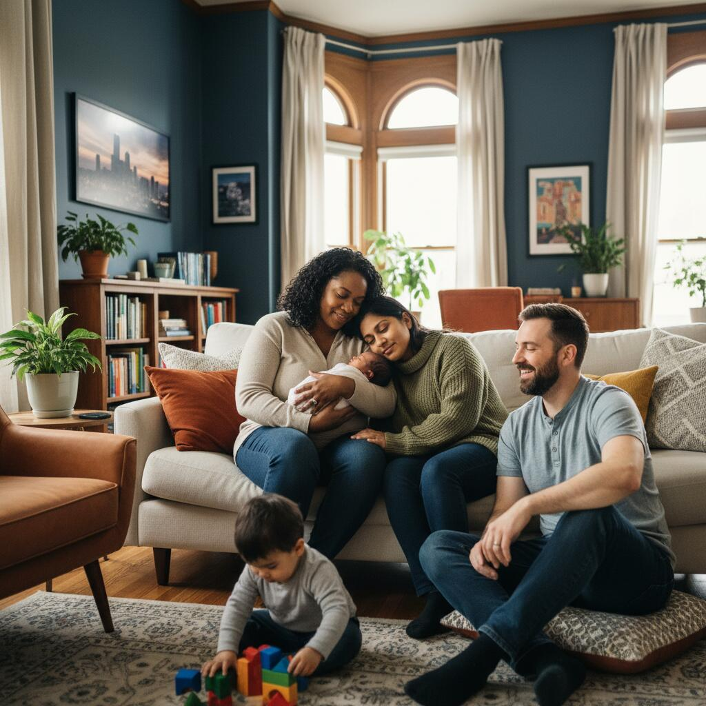 Postpartum doula having an honest conversation with a new mother in a bright Chicago apartment