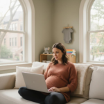 Pregnant woman researching doula options on her laptop in a bright Chicago apartment during second trimester