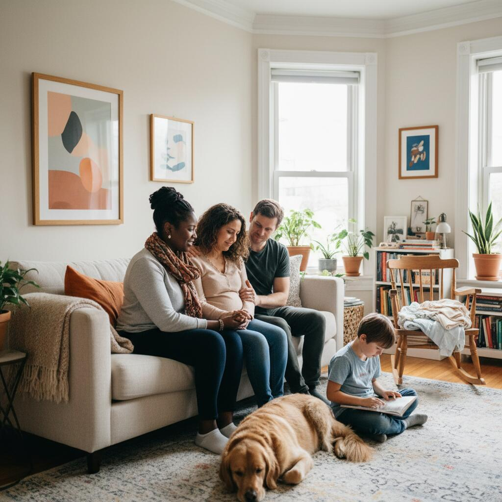 Pregnant woman researching doula options on her laptop in a bright Chicago apartment during second trimester