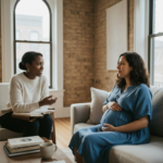 Doula meeting with pregnant woman during prenatal visit in Chicago home to discuss birth support package