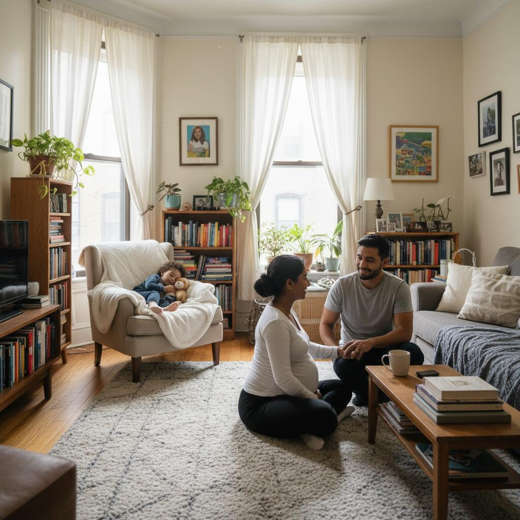 Doula meeting with pregnant woman during prenatal visit in Chicago home to discuss birth support package