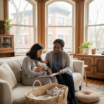 Postpartum doula supporting a new mother with her newborn baby in a Chicago apartment