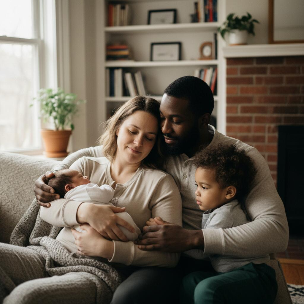 Postpartum doula supporting a new mother with her newborn baby in a Chicago apartment