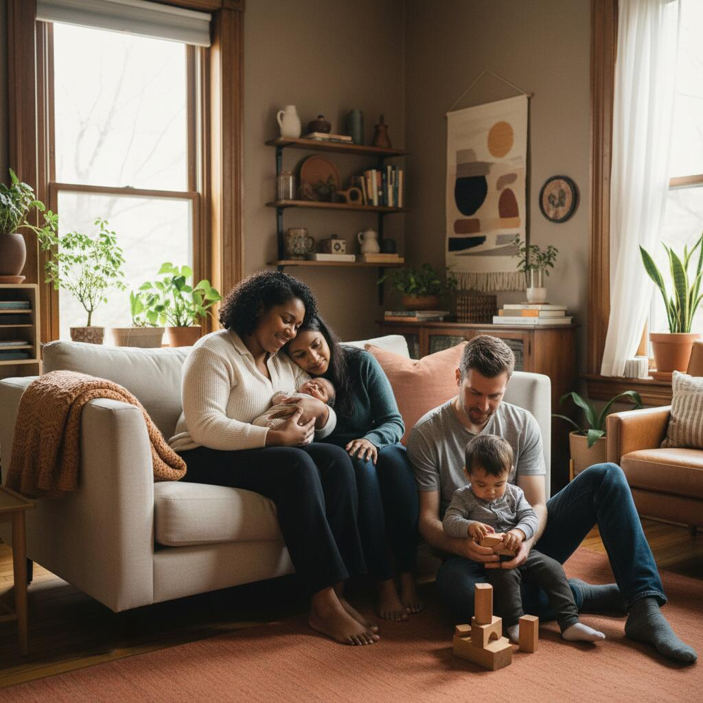 Postpartum doula supporting a new mother with her newborn baby in a Chicago apartment