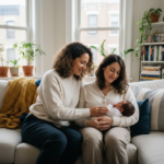 Postpartum doula supporting a new mother with her newborn in a Chicago home