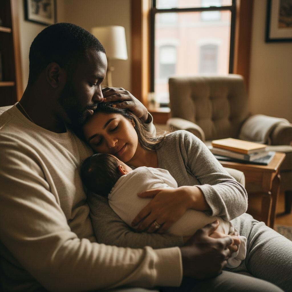 Professional doula consulting with new mother and newborn in a Chicago home
