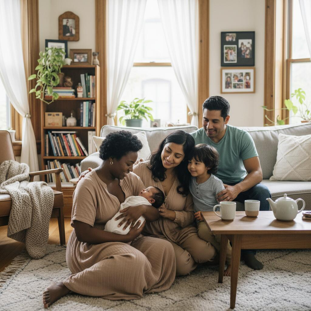 Professional doula consulting with new mother and newborn in a Chicago home