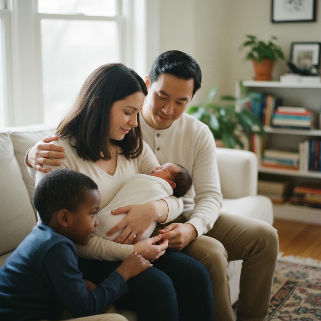 Chicago family reviewing budget paperwork together in a sunlit apartment living room while planning for doula support