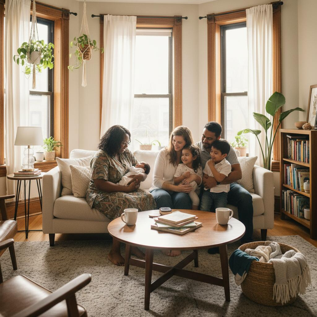 Chicago family reviewing budget paperwork together in a sunlit apartment living room while planning for doula support