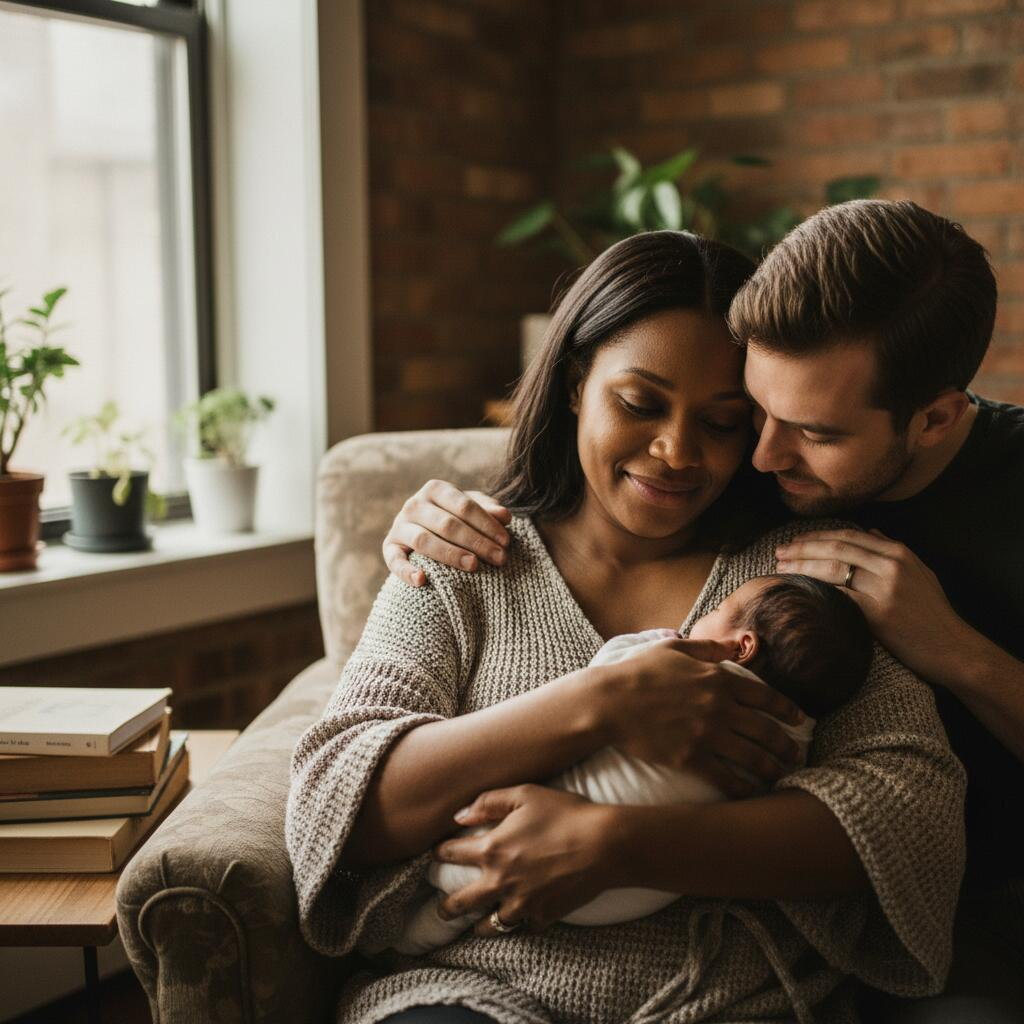 Chicago doula providing calm postpartum support to new mother holding newborn in bright apartment living room