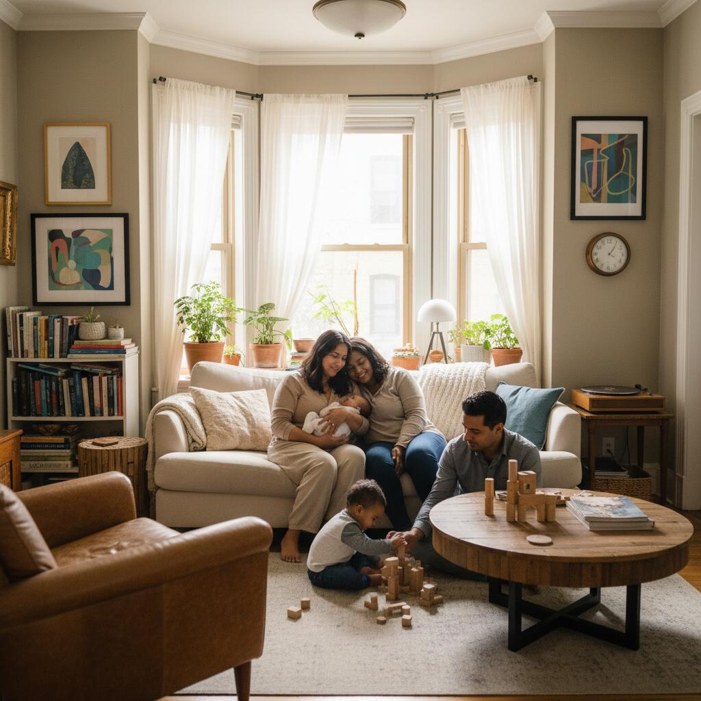 Chicago doula providing calm postpartum support to new mother holding newborn in bright apartment living room