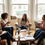 Aspiring doulas participating in a training workshop in a bright Chicago home, discussing labor support techniques