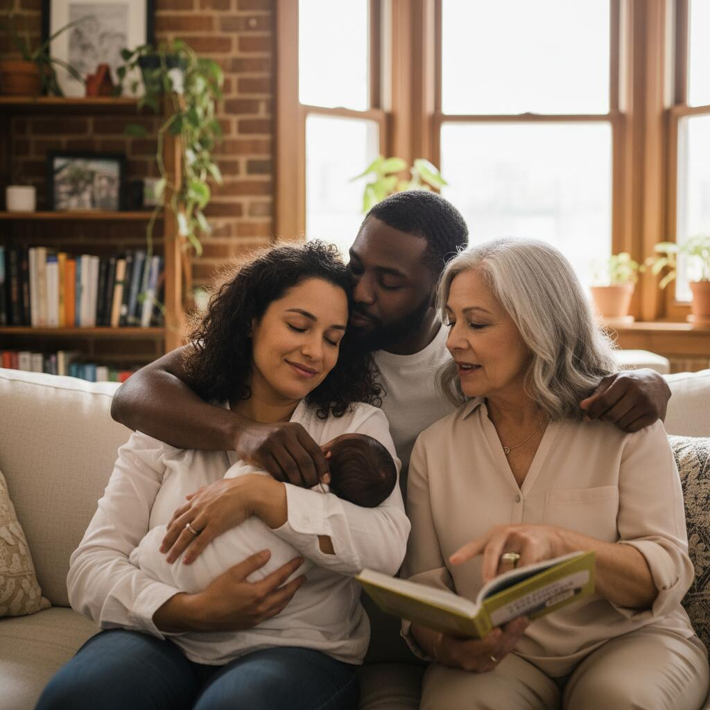 Aspiring doulas participating in a training workshop in a bright Chicago home, discussing labor support techniques