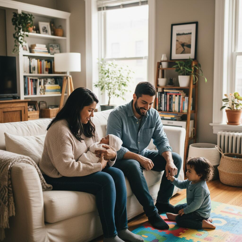 Aspiring doulas participating in a training workshop in a bright Chicago home, discussing labor support techniques
